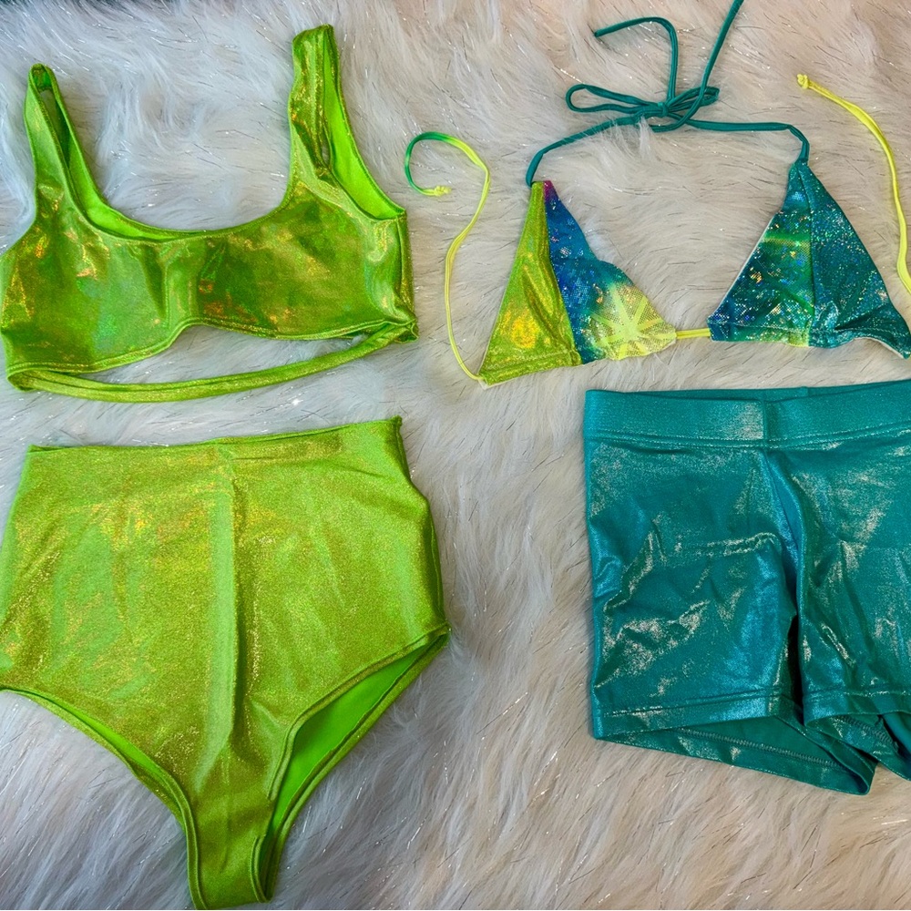 2 Festival Rave bikini outfits Holographic green & teal